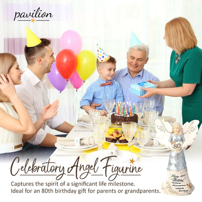Pavilion 'Happy 80th Birthday' 82475 Elements Angels - Polyresin Birthday Angel Figurine - Silver Hand-Painted Remembrance and Keepsake Gift Angel for Grandmothers, Mothers, Aunts, Friends, Women