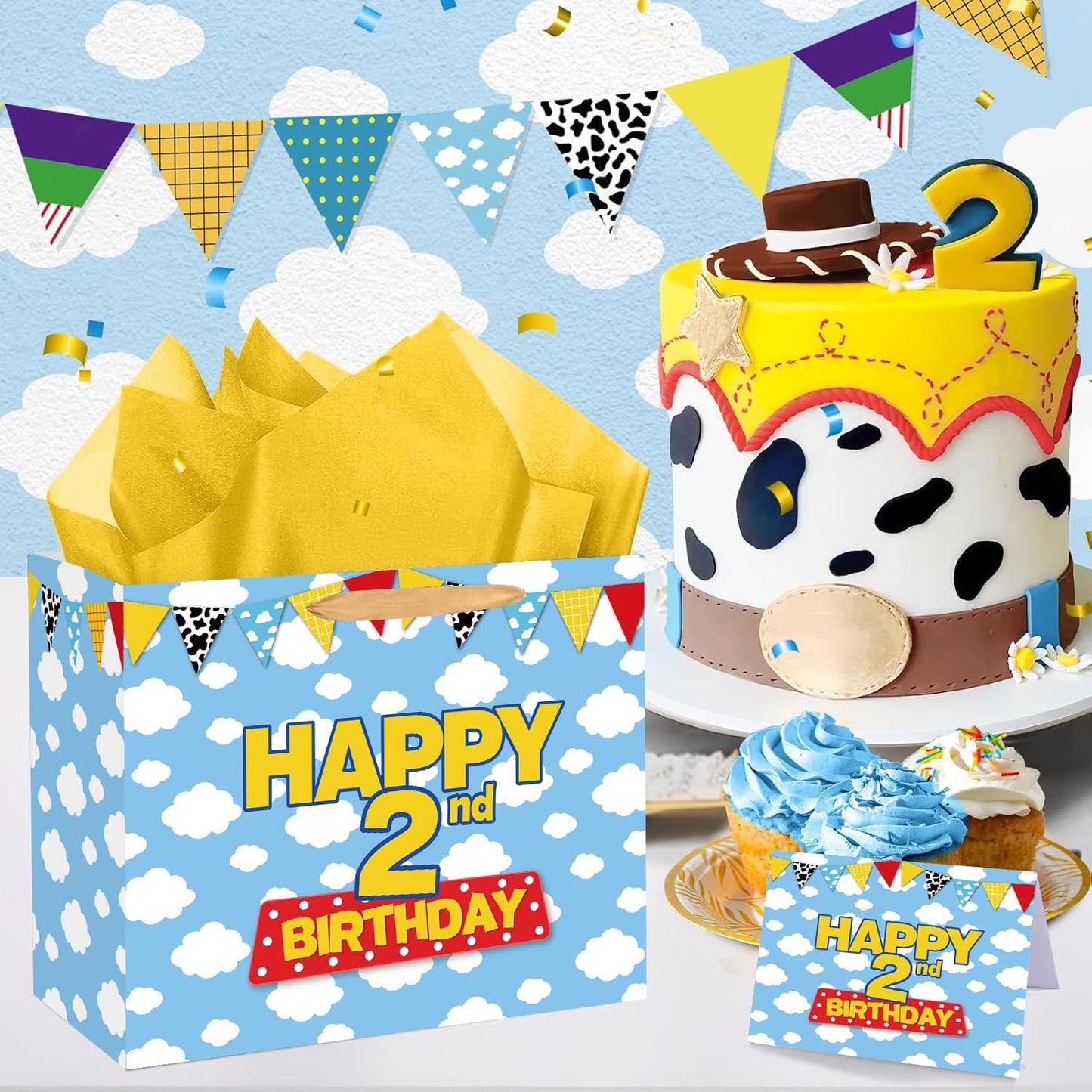 Cartoon Story 2nd Birthday Gift Bag with Tissue Paper and Greeting Card, Two Years Old Party Favor Bags Blue Sky White Clouds Cow Story 2nd Birthday Wrapping Paper Goodie Treat Bag for Kid Party Decor