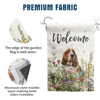 Spring Summer Garden Flag Floral Basset Hound Yard Flag Flower Dog Garden Flags for Outside Small Outdoor Welcome Flags 12x18 Double Sided