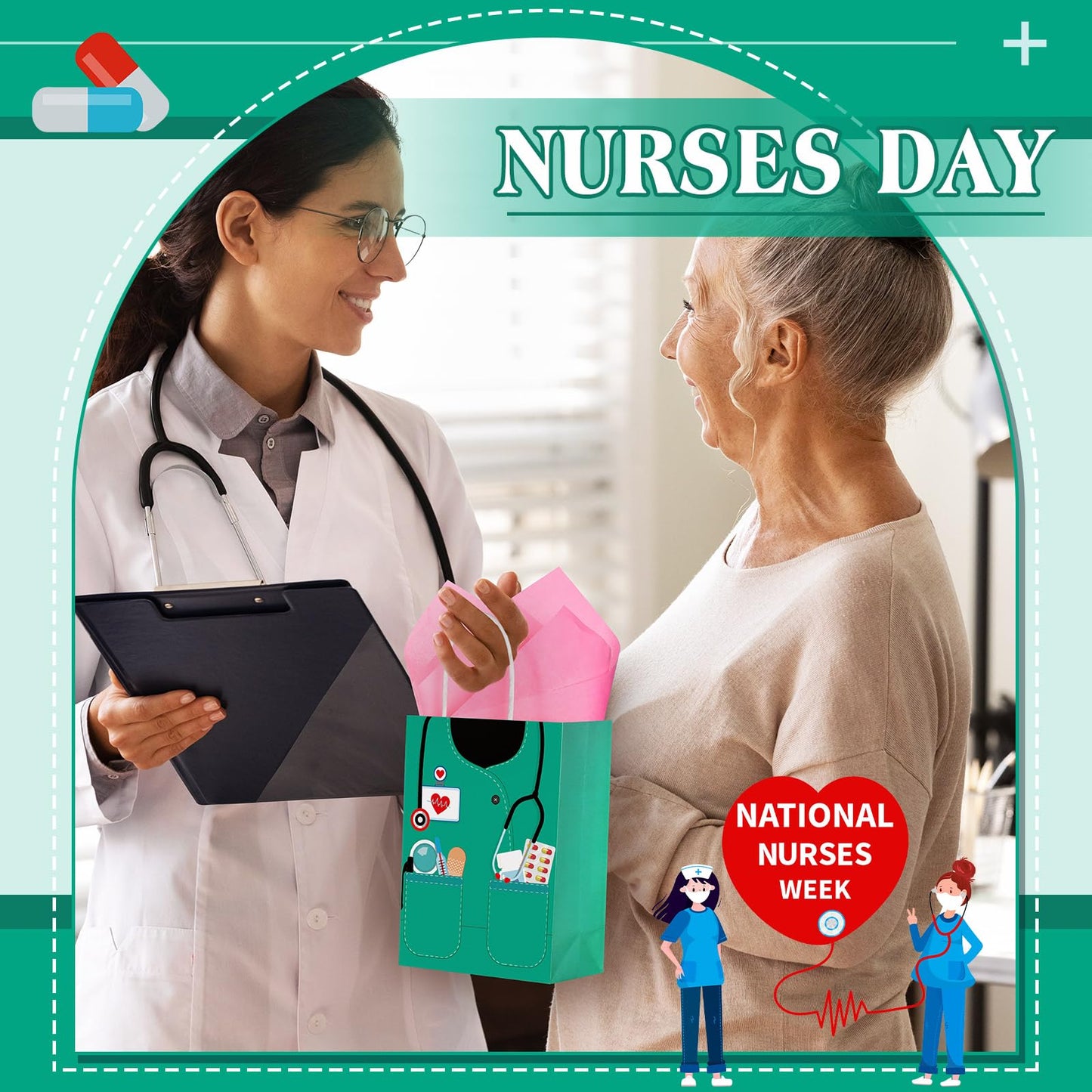 Nezyo 30 Pcs Nurse Gift Bags with 30 Wrapping Tissue Papers Nurses Appreciation Week Gifts Bags Stylish Nurse Appreciation Gifts for Thank Party Memorable Nursing Assistant Graduates Medical (Green)