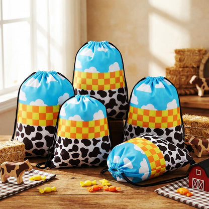 Abbylike 24 Pcs Cartoon Party Favor Bags Birthday Gift Candy Goodies Treat Drawstring Backpacks for Blue Sky Cloud Cow Party Room Decoration Prizes