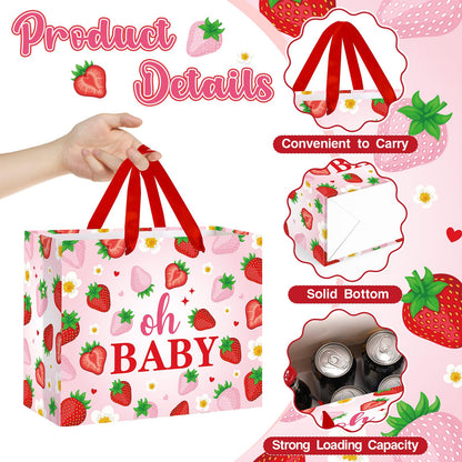 Woosytoo Strawberry Baby Gift Bag with Card Tissue Papers, Pink Berry Baby Shower Wrapping Paper Bag Oh Baby Present Bags for Newborn Congratulations Gifts Gender Reveal Party Favors