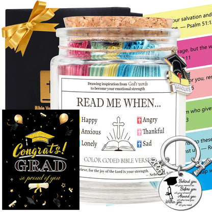 Christian Graduation Gifts to Him - 4Pcs Religious Graduation Gifts, Bible Verse Jar, Keychain, Congrat Grad Cards, High Shool College Master Phd Graduate Gift for Son Grandson Nephew