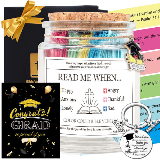 Christian Graduation Gifts to Him - 4Pcs Religious Graduation Gifts, Bible Verse Jar, Keychain, Congrat Grad Cards, High Shool College Master Phd Graduate Gift for Son Grandson Nephew