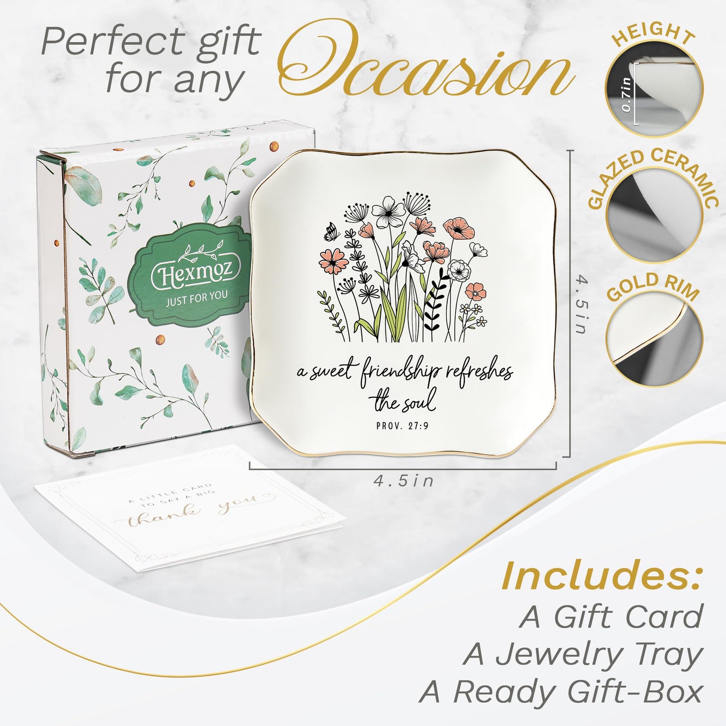 HEXMOZ Friendship Gifts for Women, Best Friend - Friend Birthday Ideas Gift, Soul Sister Gift for Women Christian - Sweet Friendship 4.5"X4.5" Floral Ceramic Jewelry Dish Tray - Tricket Dish