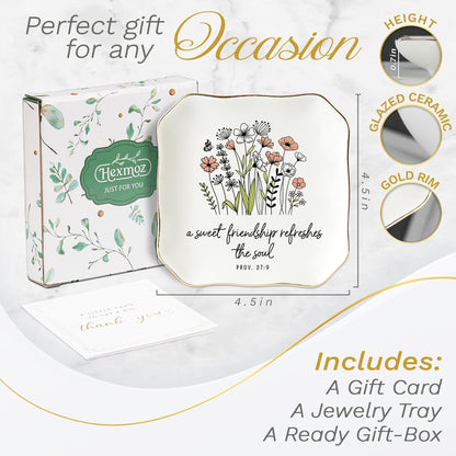 HEXMOZ Friendship Gifts for Women, Best Friend - Friend Birthday Ideas Gift, Soul Sister Gift for Women Christian - Sweet Friendship 4.5"X4.5" Floral Ceramic Jewelry Dish Tray - Tricket Dish