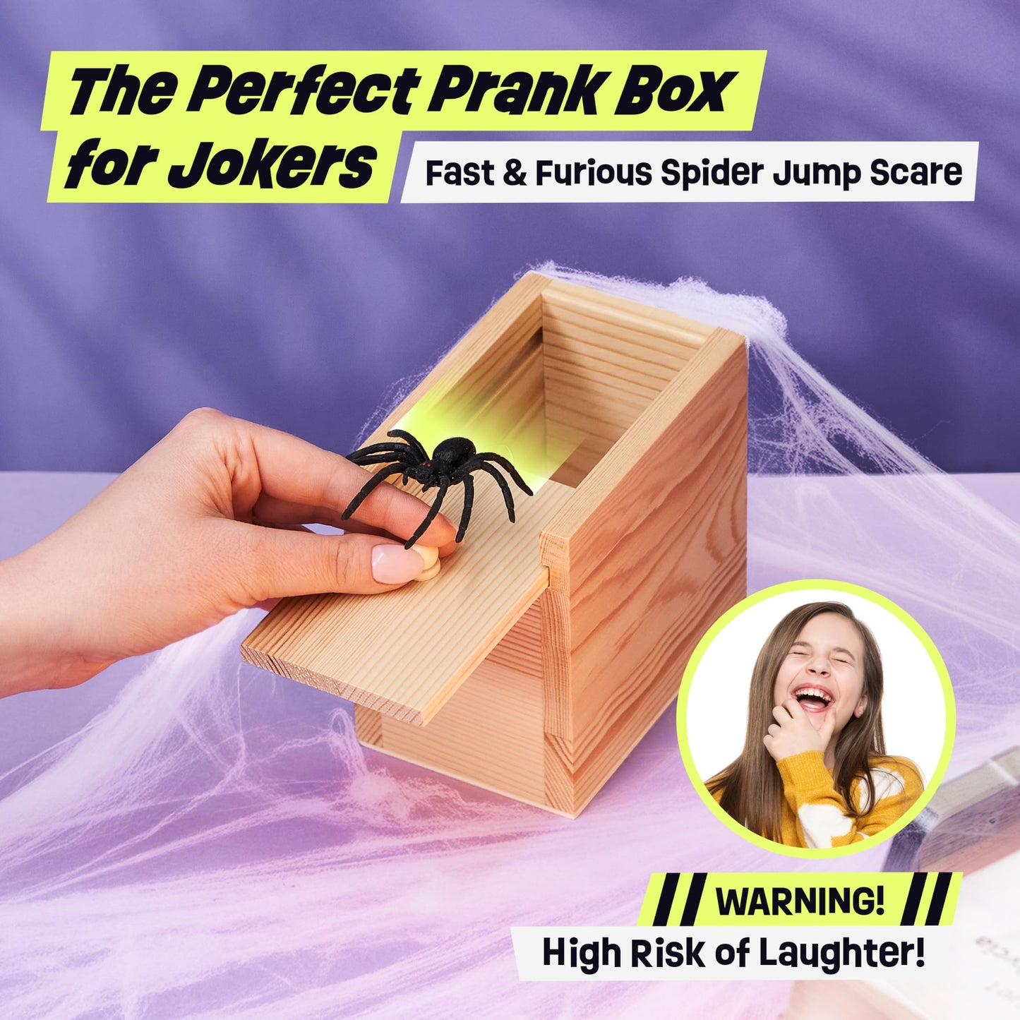 FunFamz Original Spider Prank Box – Wooden Prank Toy & Jump Scare Prank Gift with Hidden Gift Card Compartment, Realistic Jumping Spider Surprise, Funny Gag Toy for Kids, Adults, Parties & Office Fun