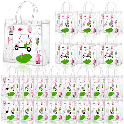 Sweetude 24 Pieces Golf Gift Goodie Bags with Handles 8x8x3.15 Inch Pink and Green PVC Golf Theme Party Favor Clear Treat Bags Bulk for Sports Party Competition Team Birthday Gifts