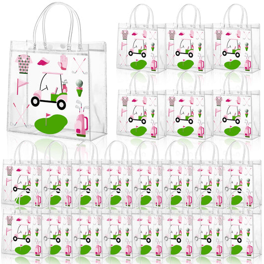 Sweetude 24 Pieces Golf Gift Goodie Bags with Handles 8x8x3.15 Inch Pink and Green PVC Golf Theme Party Favor Clear Treat Bags Bulk for Sports Party Competition Team Birthday Gifts