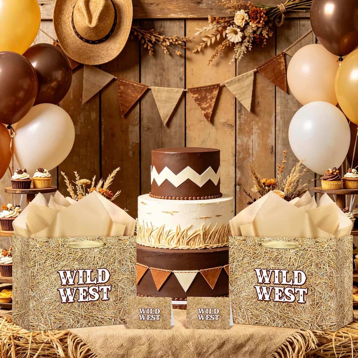 Fake Hay Bales Wild West Gift Bag with Card & Tan Wrapping Papers,Straw Yeehaw Happy Trails Western Gift Bag for Rodeo,Cowgirl Cowboy Birthday,Western-themed Wedding,Country Farm Party Goodie TreatBag