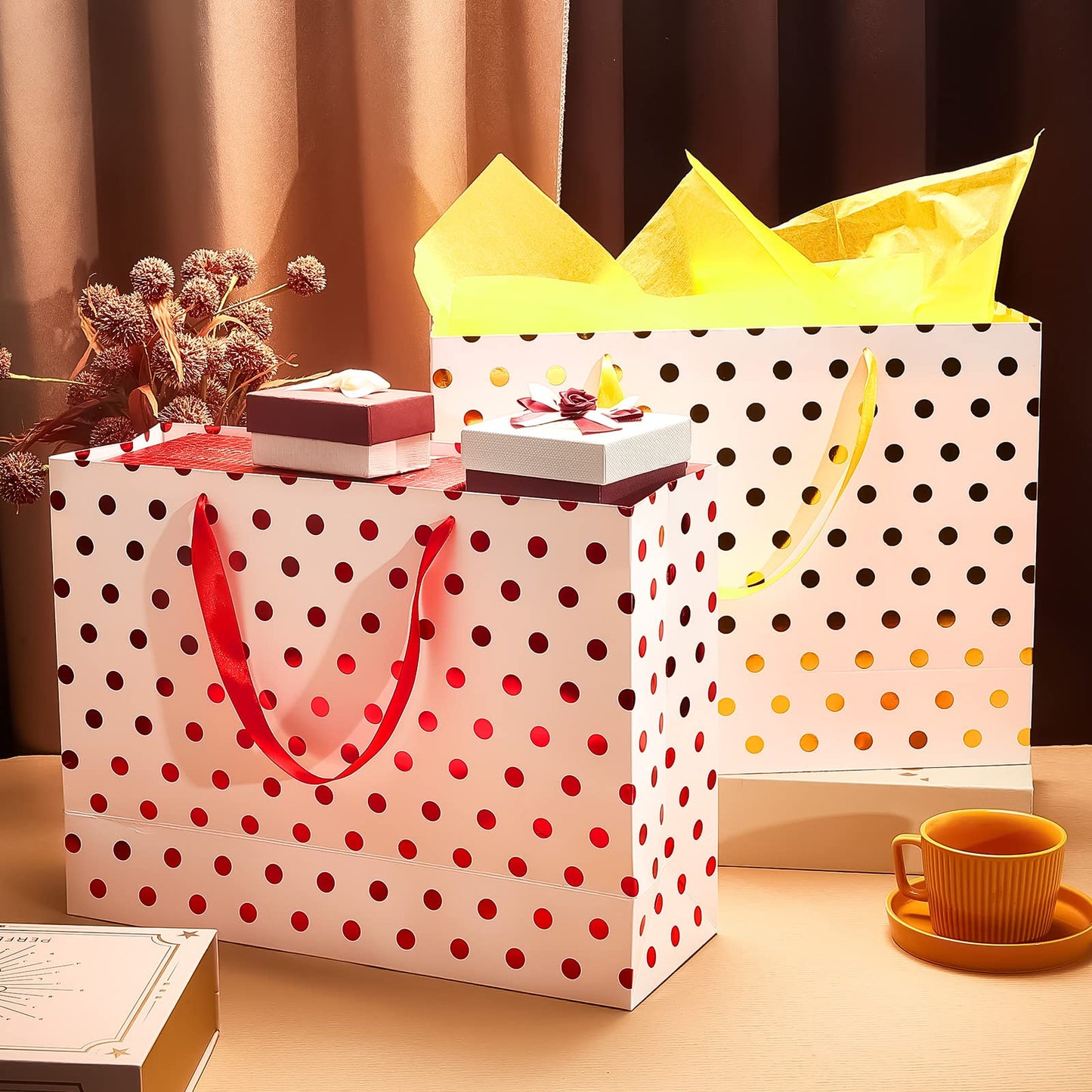 Henoyso 8 Pcs 16'' Extra Large Gift Bags Metallic Dots Present Bags with Handles and Paper for Christmas Wedding Holiday Birthday Party (Multicolored)