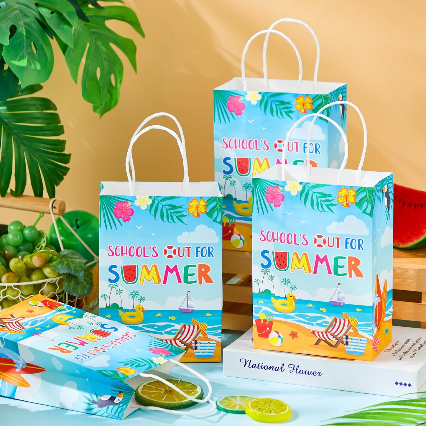 Sweetude 24 Pcs School's out for Summer Gift Bags End of School Year Present Summer Beach Pool Goodie Treat Paper Bags for Summer Vacation Graduation Tropical Party Celebration Favors Supplies