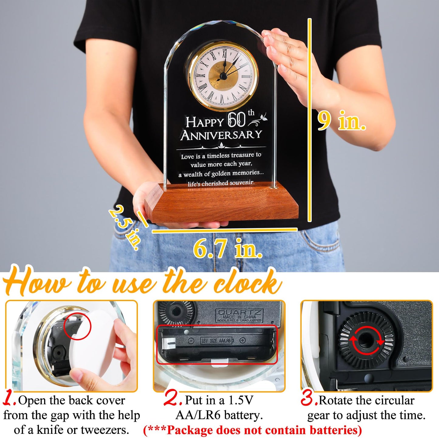 YWHL 60th Wedding Anniversary Clock Gifts for Parents Grandparents, 60 Years Anniversary Couple Gift, Table Clock Glass Presents with Wooden Light Base for Home Decoration (Battery not Included)