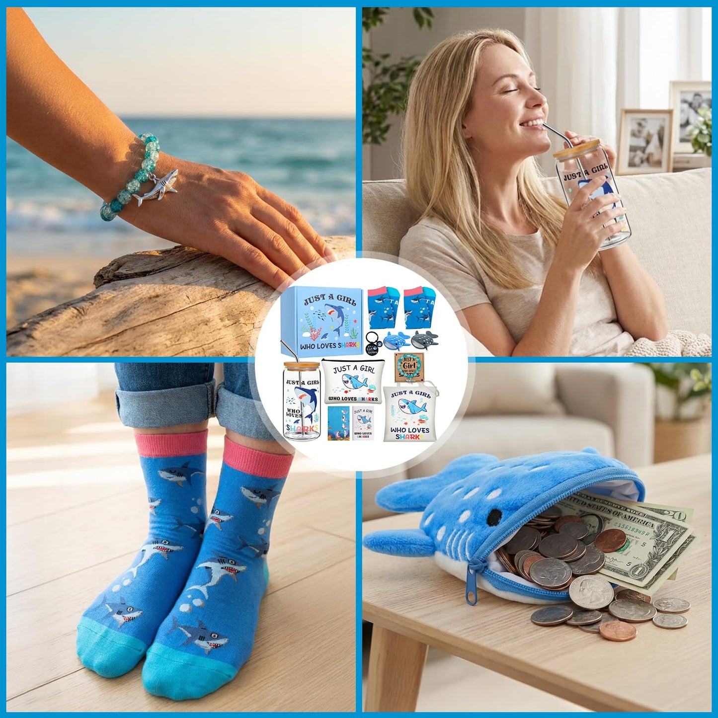 Shark Gifts for Women, 10Pcs Shark Lovers Gift for Girls Including Glass Cup Bracelet Tote bag Makeup Bag Shark Coin Purse Socks Notepad Gift Card for Christmas Birthday Mothers Day