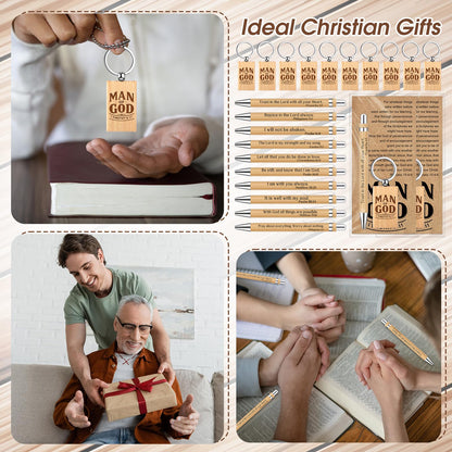Chiisong Christian Gift Set for Men, Man of God Keychain Bamboo Pen Scripture Card for Father's Day Teacher Religious Church