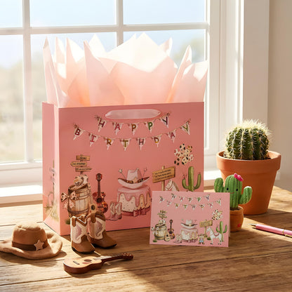 Crisky Large Cowgirl Birthday Bags for Girls with Card and Tissue Papers, Pink Bear Large Girl Birthday Gift Bag for Western Cowgirl Party Favors Decorations Bday Gifts, 13"