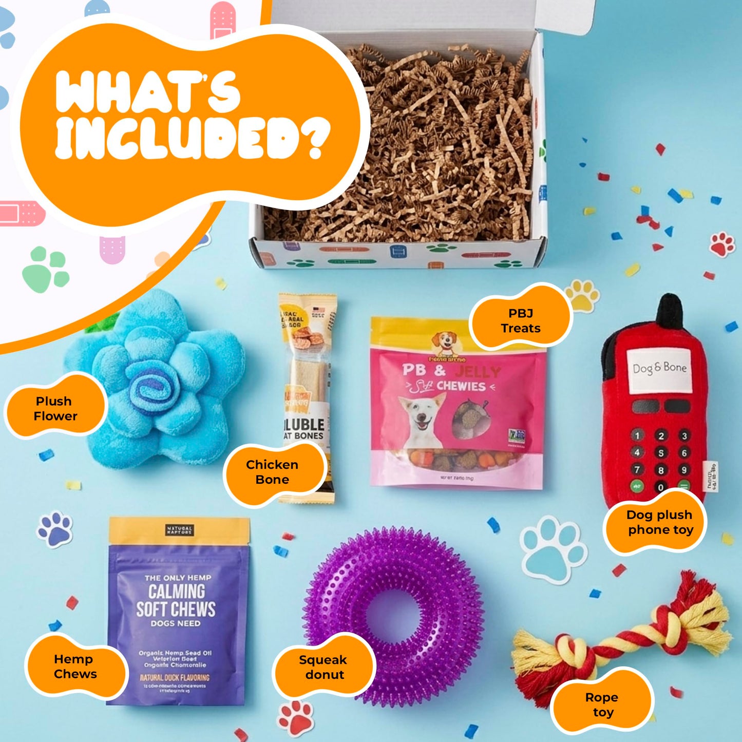 Get Well Soon Dog Gifts, Dog Care Package, Puppy Gift Basket with 3 Dog Treats and 4 Toys, Adorable Puppy Gift Basket, Pet Care Package