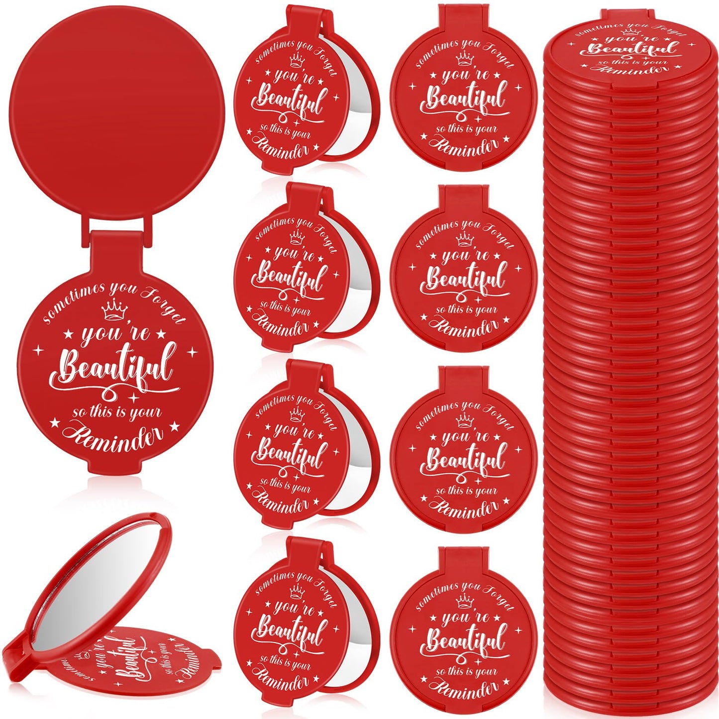 36 Pcs 2.76 Inch Inspirational Compact Mirror Bulk Women Small Gifts Graduation Mothers Day Party Favors Purse Mirror Pocket Mini Items for Adult Coworker Cheerleader Swag Bag (Red)