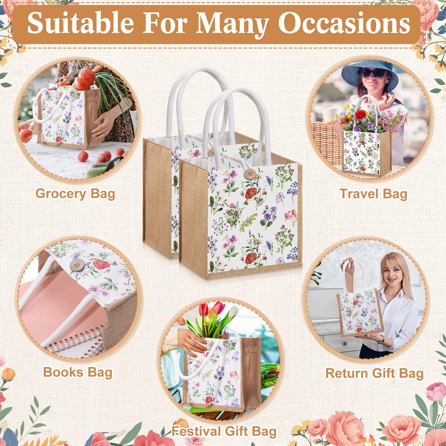 Gilprop 6 Pack Spring Wildflowers Burlap Gift Bags with Handle Button Reusable Jute Tote Bags Flowers Double Sided Tote for Party Wedding Bridesmaid Travel Home Decor 7.9 x 7.9 Inch(Classic)