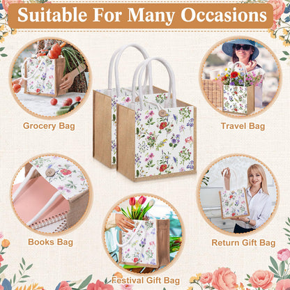 Gilprop 6 Pack Spring Wildflowers Burlap Gift Bags with Handle Button Reusable Jute Tote Bags Flowers Double Sided Tote for Party Wedding Bridesmaid Travel Home Decor 7.9 x 7.9 Inch(Classic)