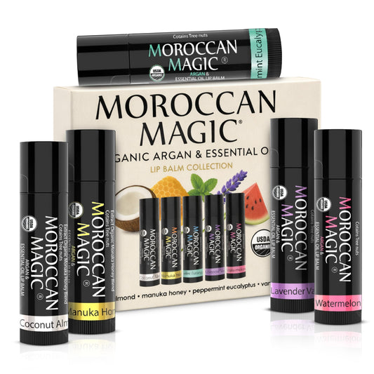 Moroccan Magic Organic Lip Balm 5 Piece Variety Pack Gift Set | Ultra-Hydrating Argan & Essential Oil Lip Moisturizer + Vitamin E | Smooth | Natural | Non-Toxic | Cruelty Free | 5 Pack