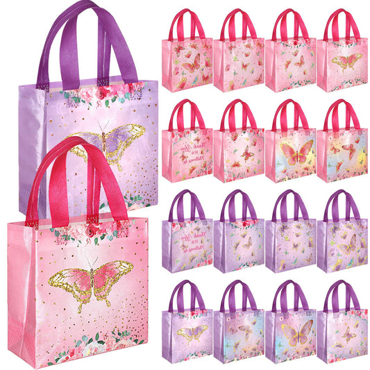Sweetude 40 Pcs Butterfly Gift Bags Pink and Purple Reusable Totes with Handles Non Woven Butterfly Stylish Candy Bags for Birthday Party