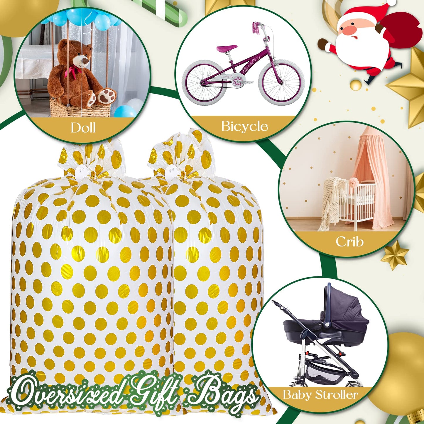 Sabary 2 Pcs 80 x 60 Inch Jumbo Bike Gift Bags Christmas Extra Large Plastic Giant Thicken Bicycle Bag White and Gold Dots Xmas Holiday Bags for Snack Treat Goodies Weddings Birthdays Engagement Party