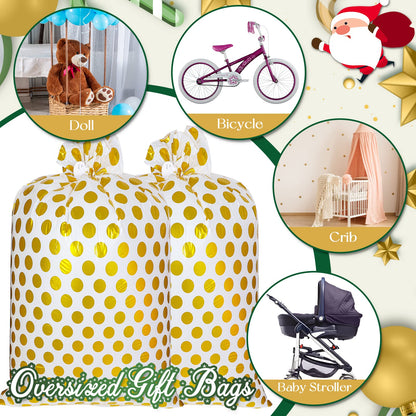 Sabary 2 Pcs 80 x 60 Inch Jumbo Bike Gift Bags Christmas Extra Large Plastic Giant Thicken Bicycle Bag White and Gold Dots Xmas Holiday Bags for Snack Treat Goodies Weddings Birthdays Engagement Party