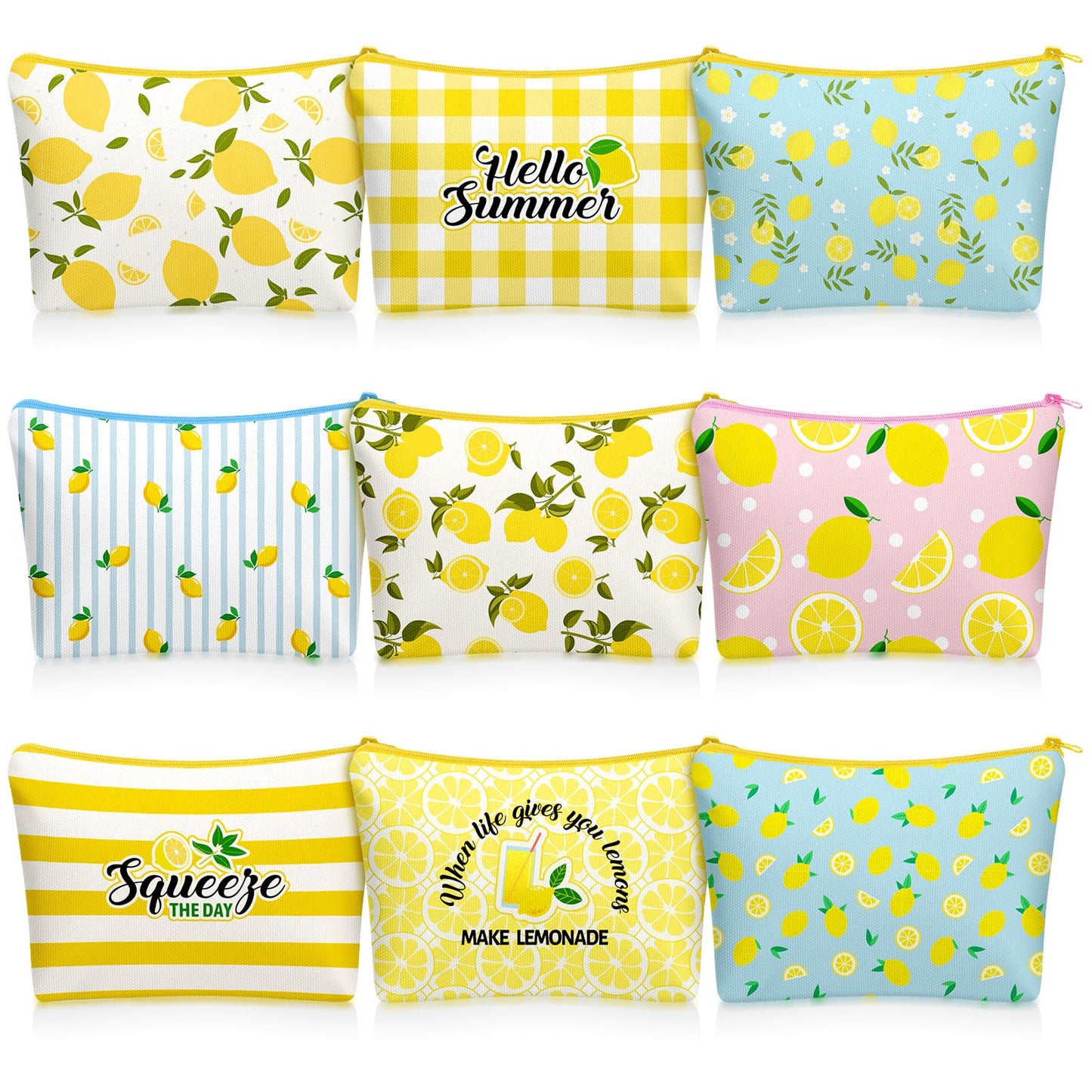 Tallew 9 Pcs Lemon Makeup Bags for Women Lemon Themed Gifts Cosmetic Bag Purse Summer Travel Organizer Zipper Pouch Survival Kit for Women Sister Friend Fruit Lover Birthday Gifts