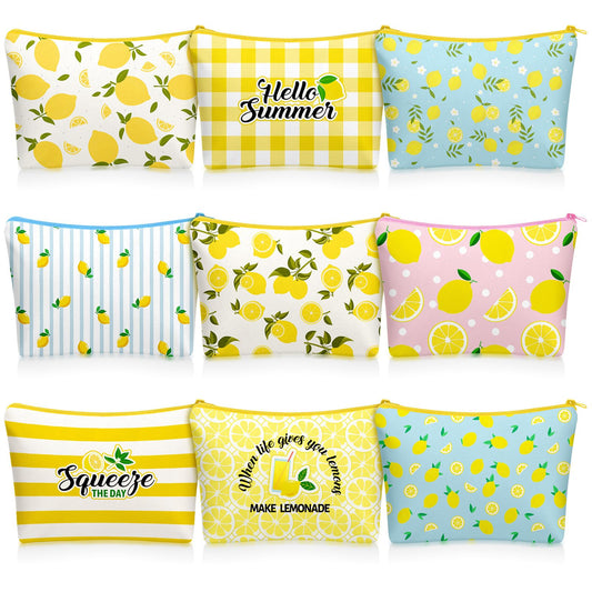 Tallew 9 Pcs Lemon Makeup Bags for Women Lemon Themed Gifts Cosmetic Bag Purse Summer Travel Organizer Zipper Pouch Survival Kit for Women Sister Friend Fruit Lover Birthday Gifts