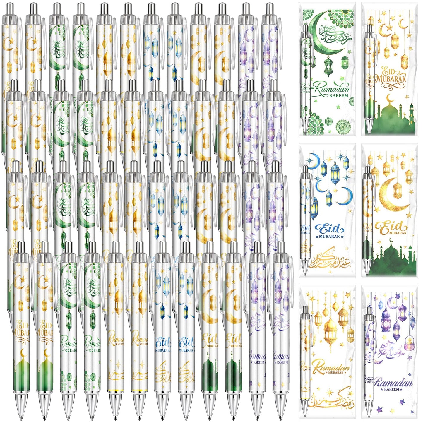 120 Pcs Ramadan Gifts Eid Mubarak Pens Bulk Include Retractable Ballpoint Pens Cards Greeting Gift Bags for Eid Party Favors Muslim Gifts Bulk Islamic Goody Bag Stuffers
