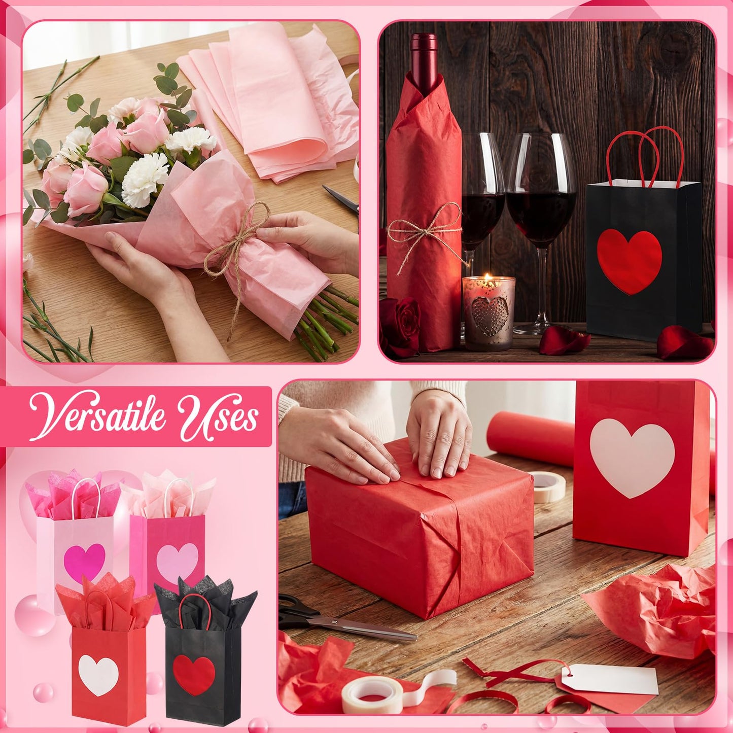 Jaloro 48 Pack Galentines Party Gift Bags with Tissue Paper 8 x 6 x 3.15 Inches Metallic Heart Candy Goodie Favor Kraft Paper Bags with Handles Gift Wrap Bag for Birthday Wedding Anniversary Dating