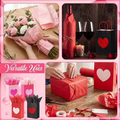 Jaloro 48 Pack Galentines Party Gift Bags with Tissue Paper 8 x 6 x 3.15 Inches Metallic Heart Candy Goodie Favor Kraft Paper Bags with Handles Gift Wrap Bag for Birthday Wedding Anniversary Dating