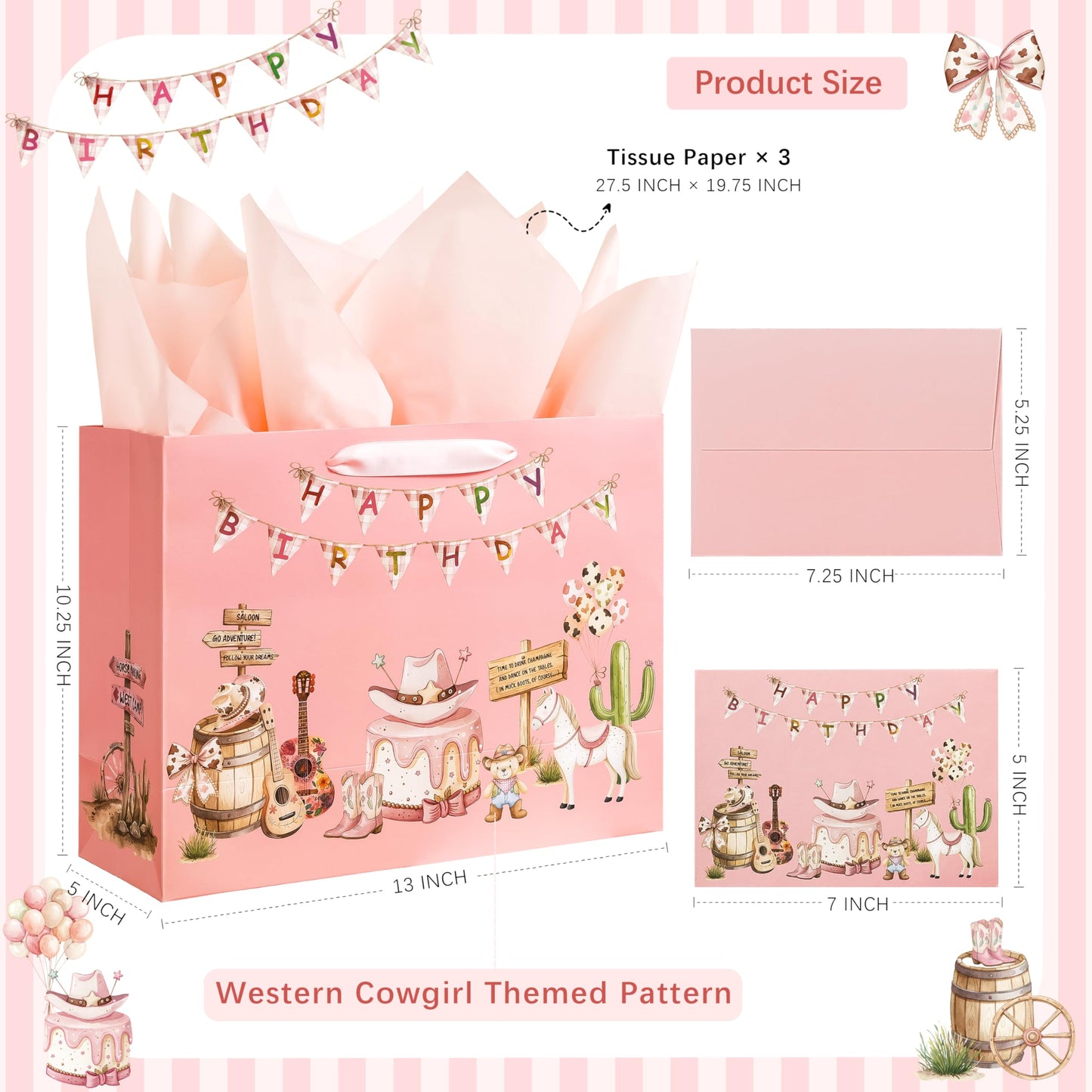 Crisky Large Cowgirl Birthday Bags for Girls with Card and Tissue Papers, Pink Bear Large Girl Birthday Gift Bag for Western Cowgirl Party Favors Decorations Bday Gifts, 13"
