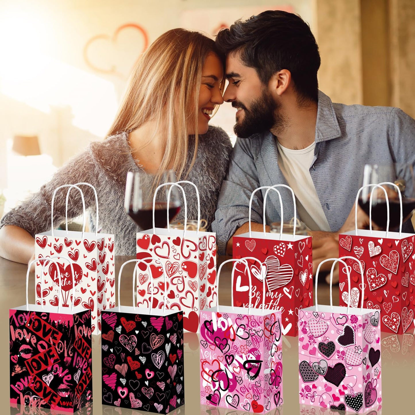 KIPETTO Valentines Gift Bags 12Pcs Valentines Day Paper Bags with Handles Love Heart Shaped Treat Goodies Bag for Valentines Day Party Favors Class Baggies Pouch