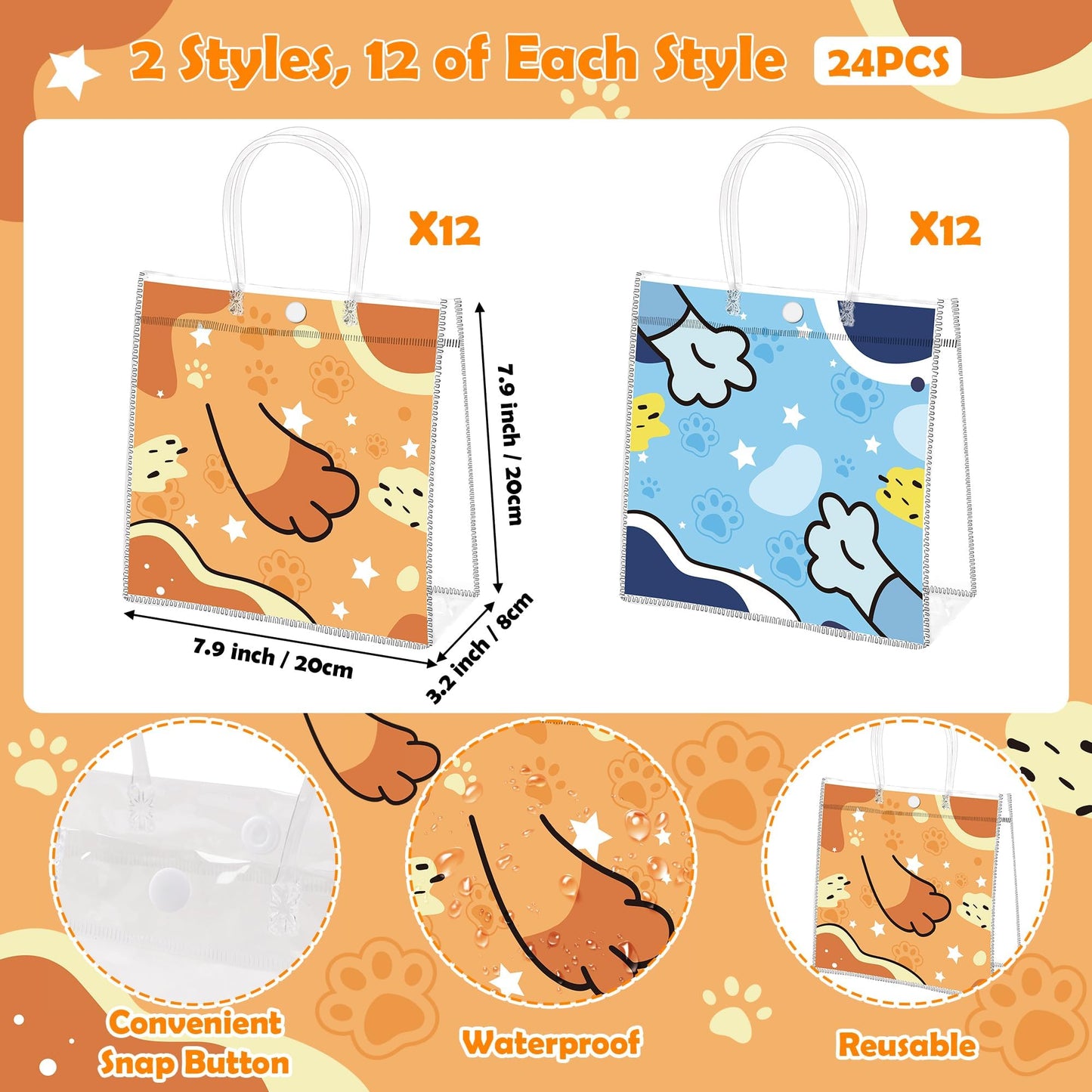 Wood Homing 24PCS Blue Dog Paw PVC Clear Gift Bag with Handle, Blue Cartoon Dog Reusable Plastic Party Favor Bags for Kids, Puppy Pet Themed Treat Goodie Bags Baby Shower Birthday Party Supplies Decor