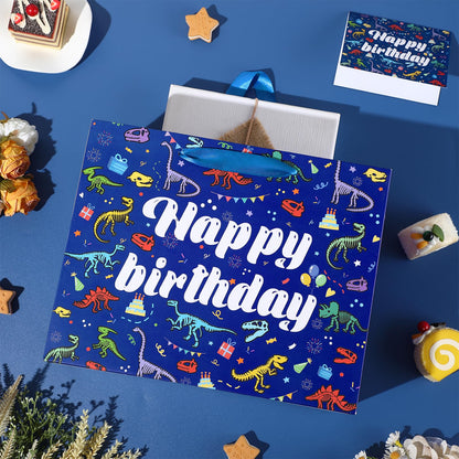 LUUFILx Dinosaur Happy Birthday Gift Bag for Boys Girls Dinosaur Wrapping Paper with Tissue Paper Greeting Card Blue Dinosaur Design Wrap Bag for Bday Baby Shower Party Decoration Supplies