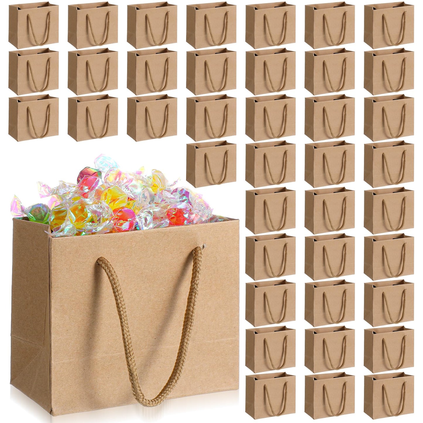Caeuiciw 40 Pcs Brown Mini Gift Bags with Handle Gift Card Bags Bulk Extra Small Paper Party Favor Boxes Tiny for Christmas Wedding Baby Shower Birthday Wrapping Supplies, 4.7 x 3.9 x 2.3 Inches