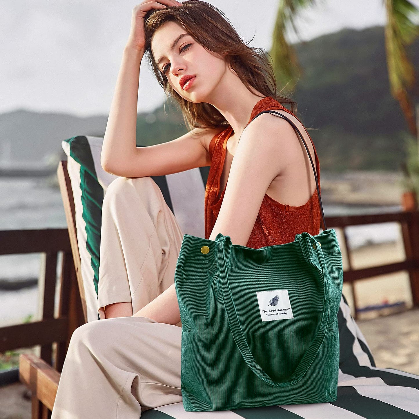 Ayieyill Corduroy Tote Bag for Women Canvas Shoulder Cord Purse with Inner Pocket