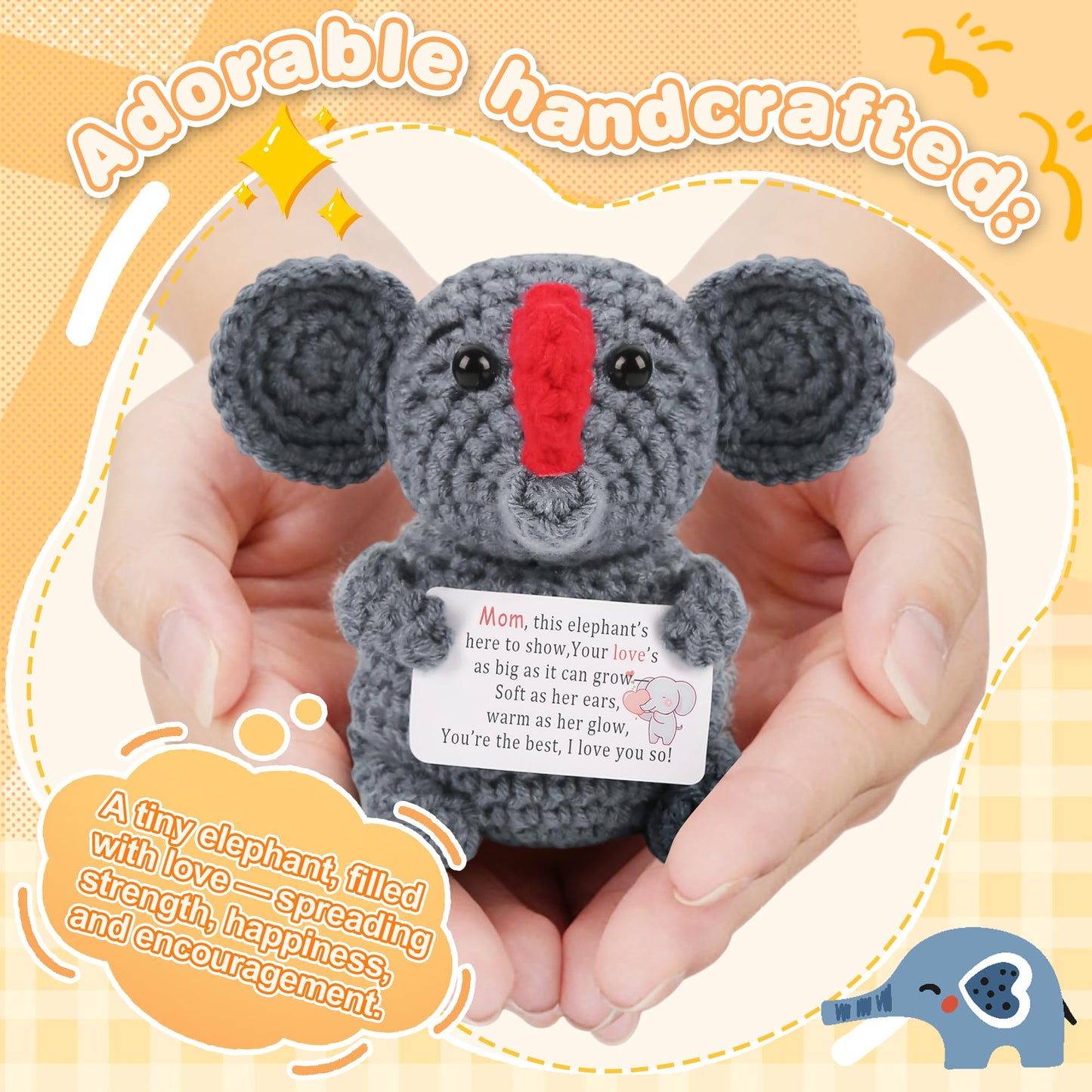 Positive Crochet Elephant Inspirational Christmas Birthday Gifts for Women Men Emotional Support Stocking Stuffers White Elephant Gifts Cute Decor for Mom Dad Daughter Sister Friend (Common)