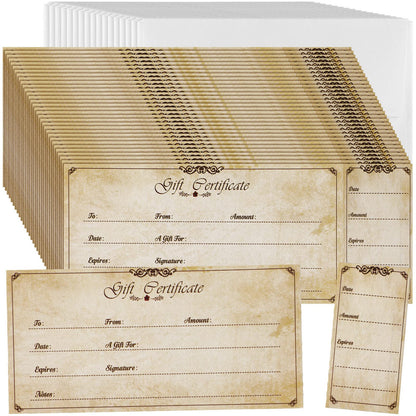 Nuanchu 100 Sets Gift Certificates for Business Christmas Blank Gift Certificate Cards Vouchers Coupon Card with 100 Envelopes for Salon Spa Restaurants Birthday, 4.7 x 2.4 in (Wood Color,Classic)