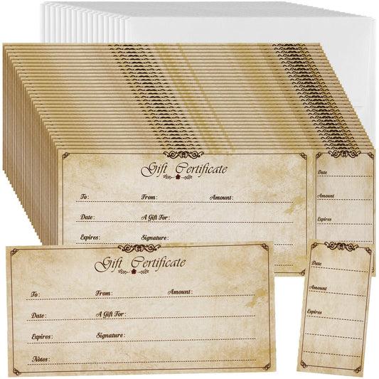 Nuanchu 100 Sets Gift Certificates for Business Christmas Blank Gift Certificate Cards Vouchers Coupon Card with 100 Envelopes for Salon Spa Restaurants Birthday, 4.7 x 2.4 in (Wood Color,Classic)