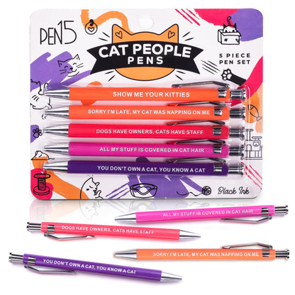 Funny Cat Pens 5-Pack Set, Black Ink Ballpoint Pens with Sarcastic Sayings for Writing, Gifts for Cat Lovers, Dad Gifts, Office Supplies, Desk Accessories