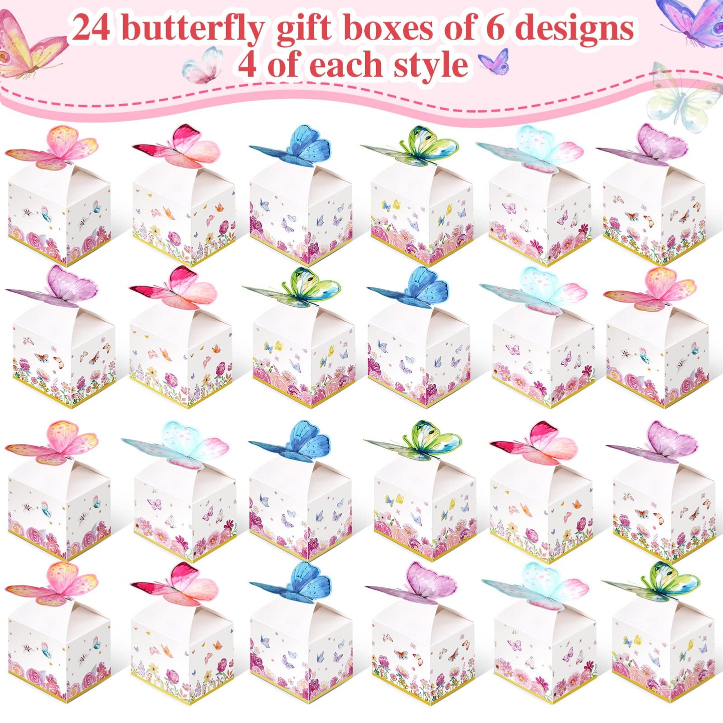 Ctosree 24 Pcs Butterfly Party Favor Boxes Floral Candy Treat Bags Pink Girl Butterfly Gift Paper Box Purple Blue Decor for Princess Birthday Party Baby Shower Supplies