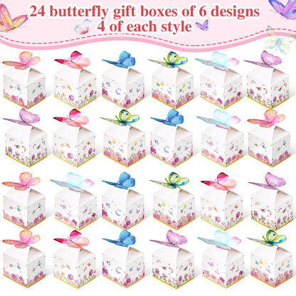 Ctosree 24 Pcs Butterfly Party Favor Boxes Floral Candy Treat Bags Pink Girl Butterfly Gift Paper Box Purple Blue Decor for Princess Birthday Party Baby Shower Supplies
