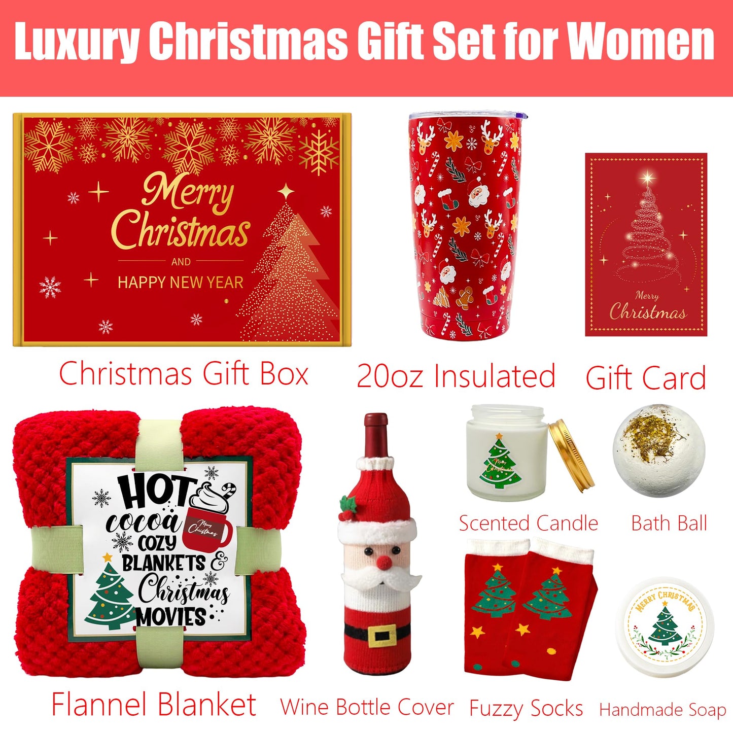 Christmas Gifts for Women, Xmas Gift Set for Women, Her, Mom, Wife, Girlfriend, Sister, Coworkers Boss, Teacher, Nurse, Neighbor, Merry Xmas Gifts Basket Set Unique Tumbler&Blanket Gift Ideas Basket