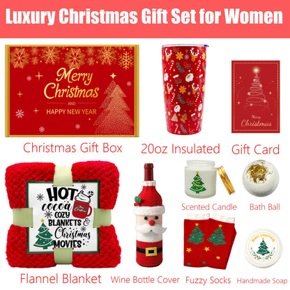 Christmas Gifts for Women, Xmas Gift Set for Women, Her, Mom, Wife, Girlfriend, Sister, Coworkers Boss, Teacher, Nurse, Neighbor, Merry Xmas Gifts Basket Set Unique Tumbler&Blanket Gift Ideas Basket