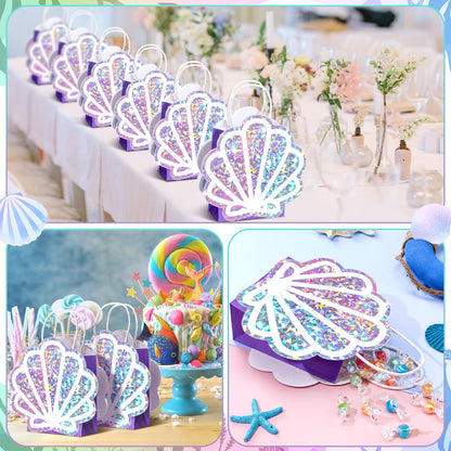 Locmeo 12 Pack Sea Shell Gift Bags Mermaid Goodie Bags Party Favor Iridescent with Handle for Under The Sea Party Summer Ocean Beach Birthday Wedding Shower Celebration Supply Decoration (Holographic)