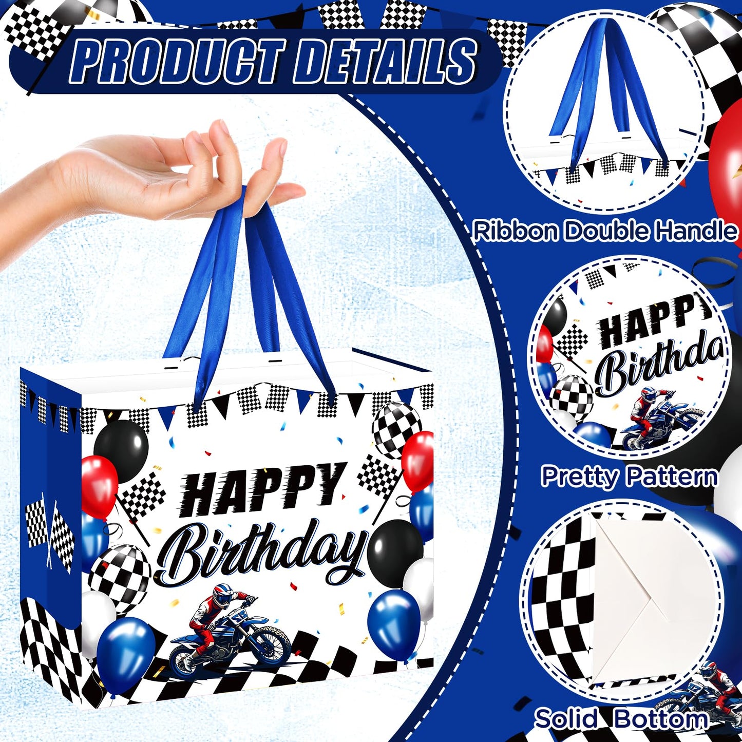 Neptniopllab Dirt Bike Birthday Gift Bag with Card & Wrapping Paper for Motorcycle Birthday Party Decoration Racing Motocross Motorbike Boy Men Goodie Treat Bag