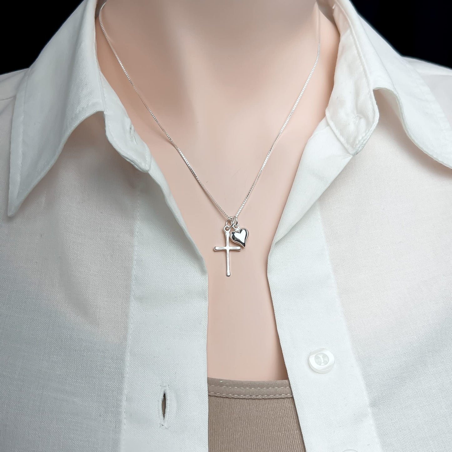 Sterling Silver Cross Necklace for Girls, Sterling Silver Cross with Puffed Heart Charm, First Communion Gift Necklace for Daughter, Goddaughter Gift Necklace